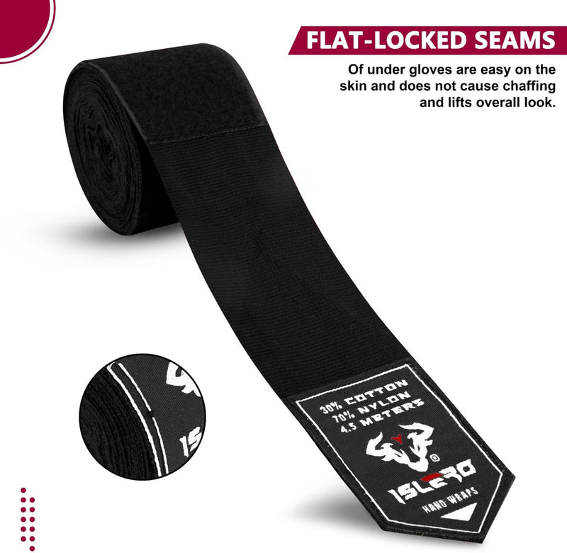 Islero 4.5m Boxing Hand Wraps Inner Gloves Black