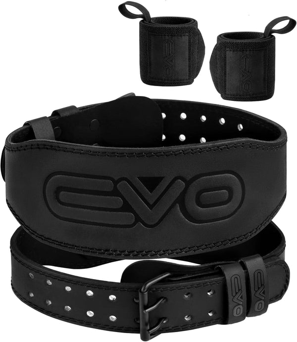 EVO Fitness 4” Matte Black Weight Lifting Belt With 18" Wrist Straps