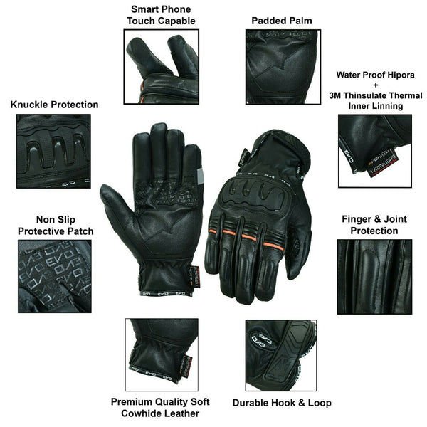 EVO Motorbike Motorcycle Gloves Thinsulate 3M Hipora Windproof Waterproof Winter - EVO Fitness